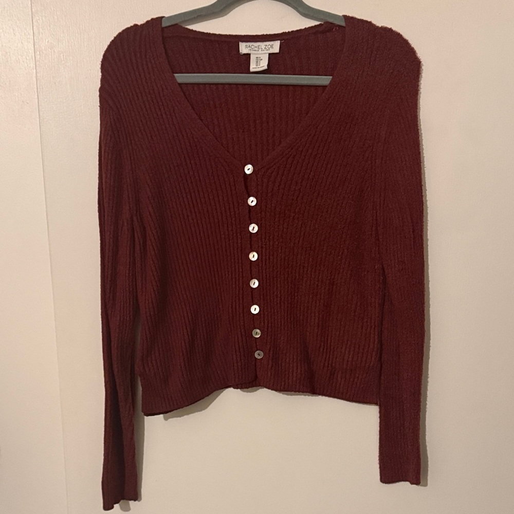 Rachel Zoe Button-Front Ribbed Cardigan in Deep Wine